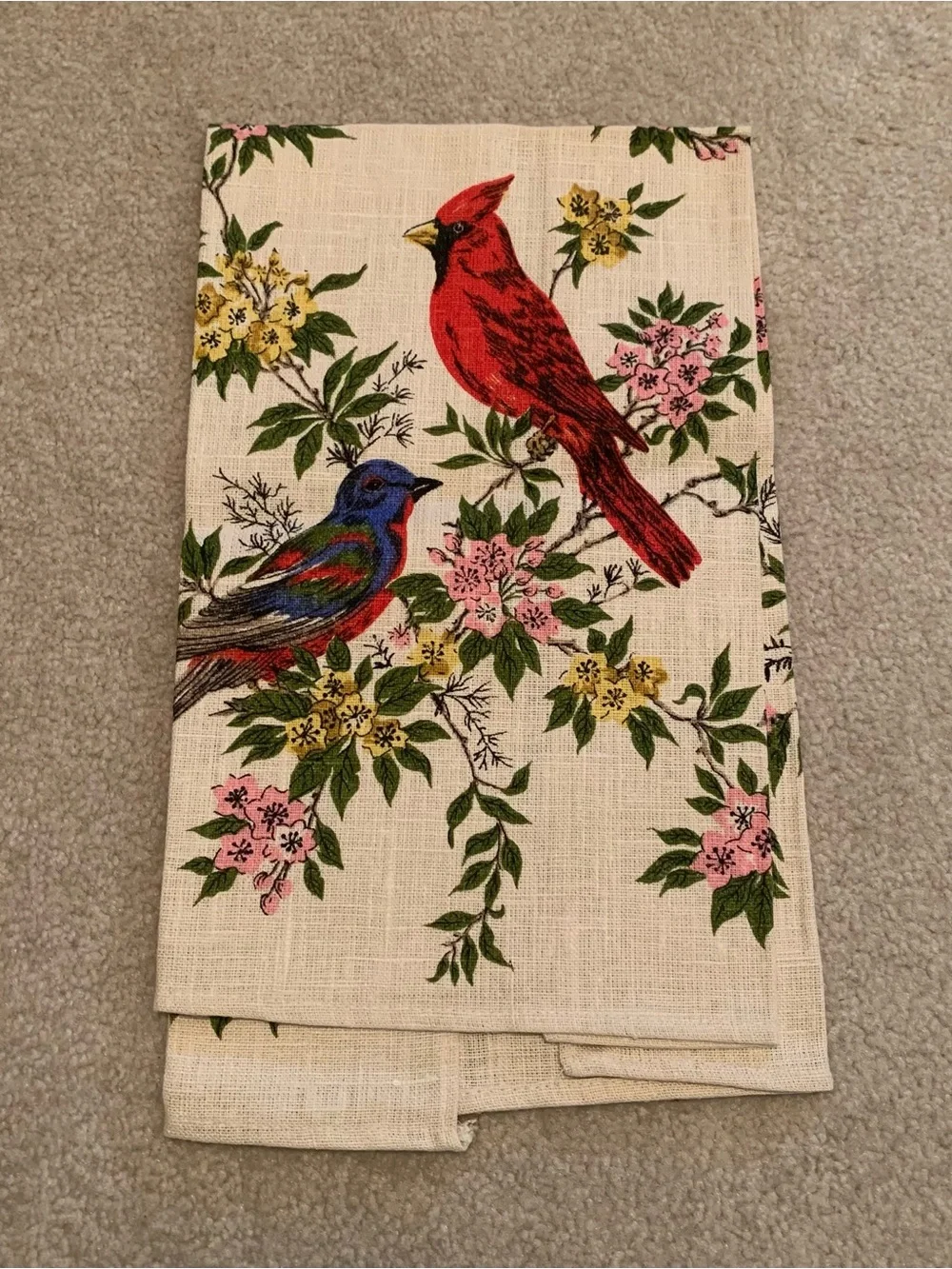 Vintage NWT MCM “Parisian Prints” Pure Linen Tea Dish Towel Cardinal Birds